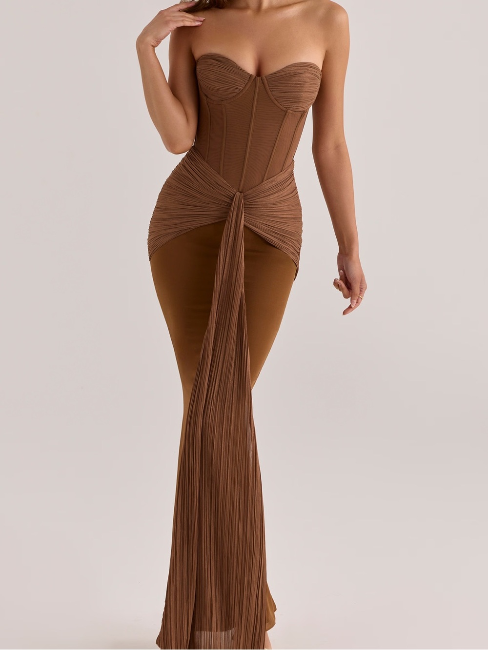HOUSE OF CB CHARLOTTE BRONZE SHIMMER CHIFFON STRAPLESS MAXI DRESS - M